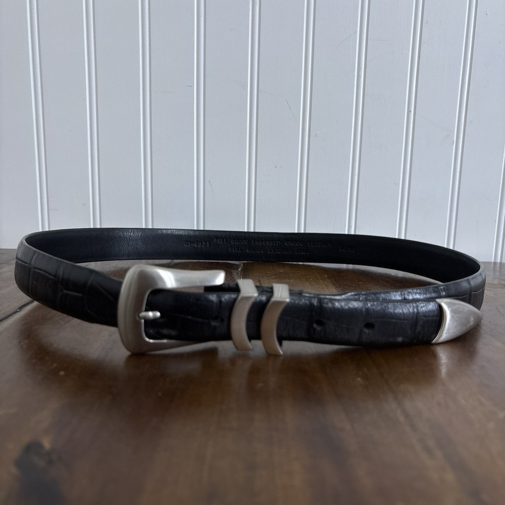 Vtg Full Grain Leather Croc Embossed Belt Black Western Silver Tip Cowboy Ranch